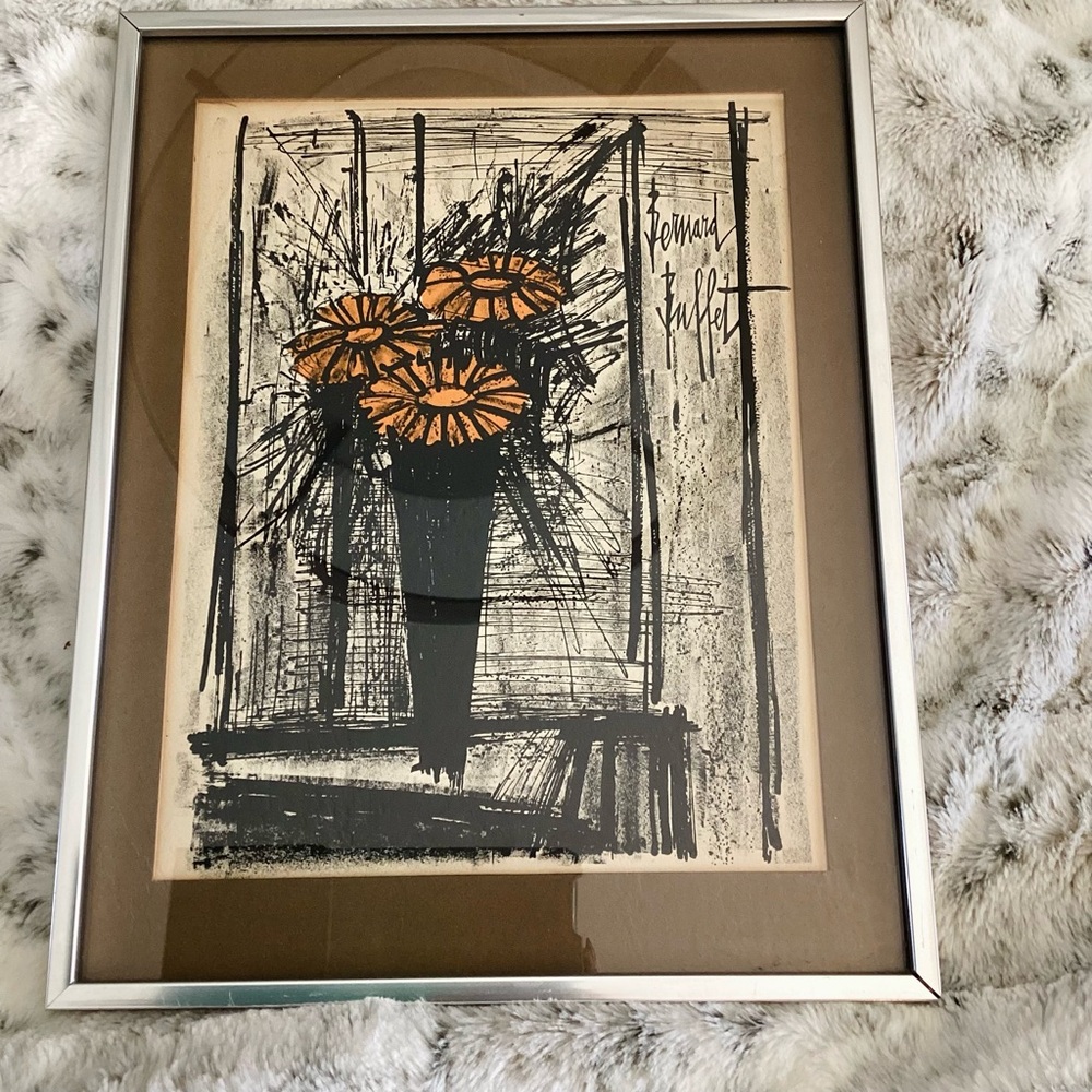 Signed Mid-Century Floral Print in Orange and Black